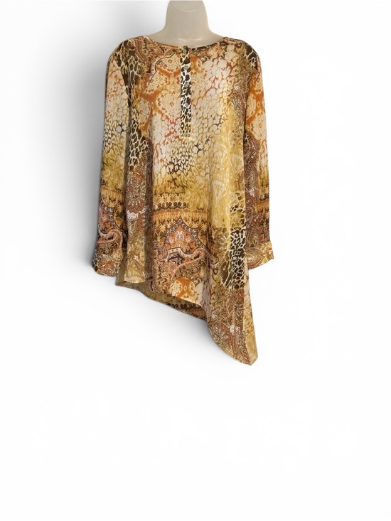Chico's Tops - Chico's Cream Brown Peach Printed Asymmetrical Tunic  LARGE/XLARGE    Bin#14